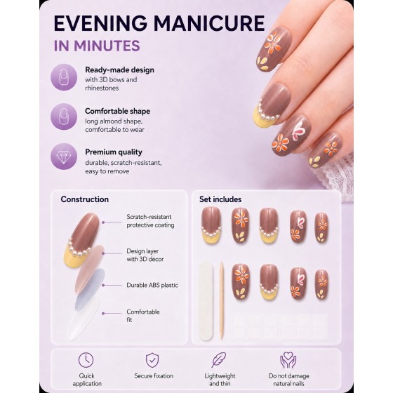 Lavender Purple Hand‑Painted Floral Press‑On Nails, Short Square Oval False Nails With Yellow French Tip & Pearl Decor, Cute Style
